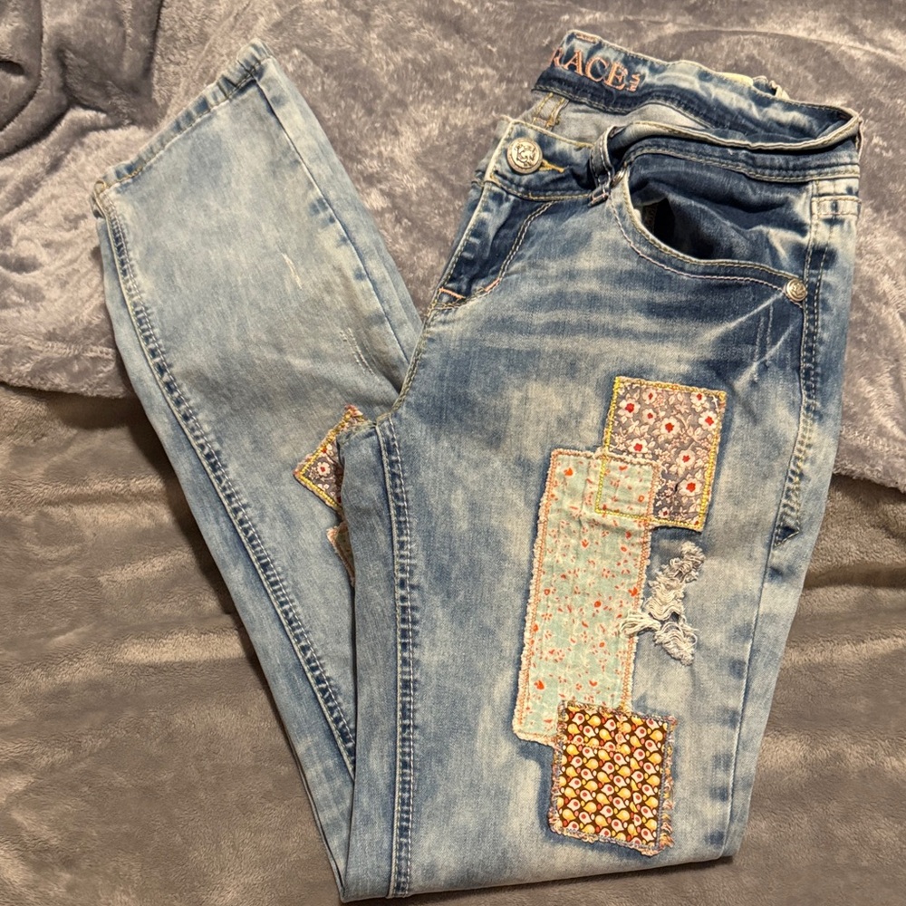 Grace in LA Light Blue Skinny Jeans with Multicolor Floral Patchwork